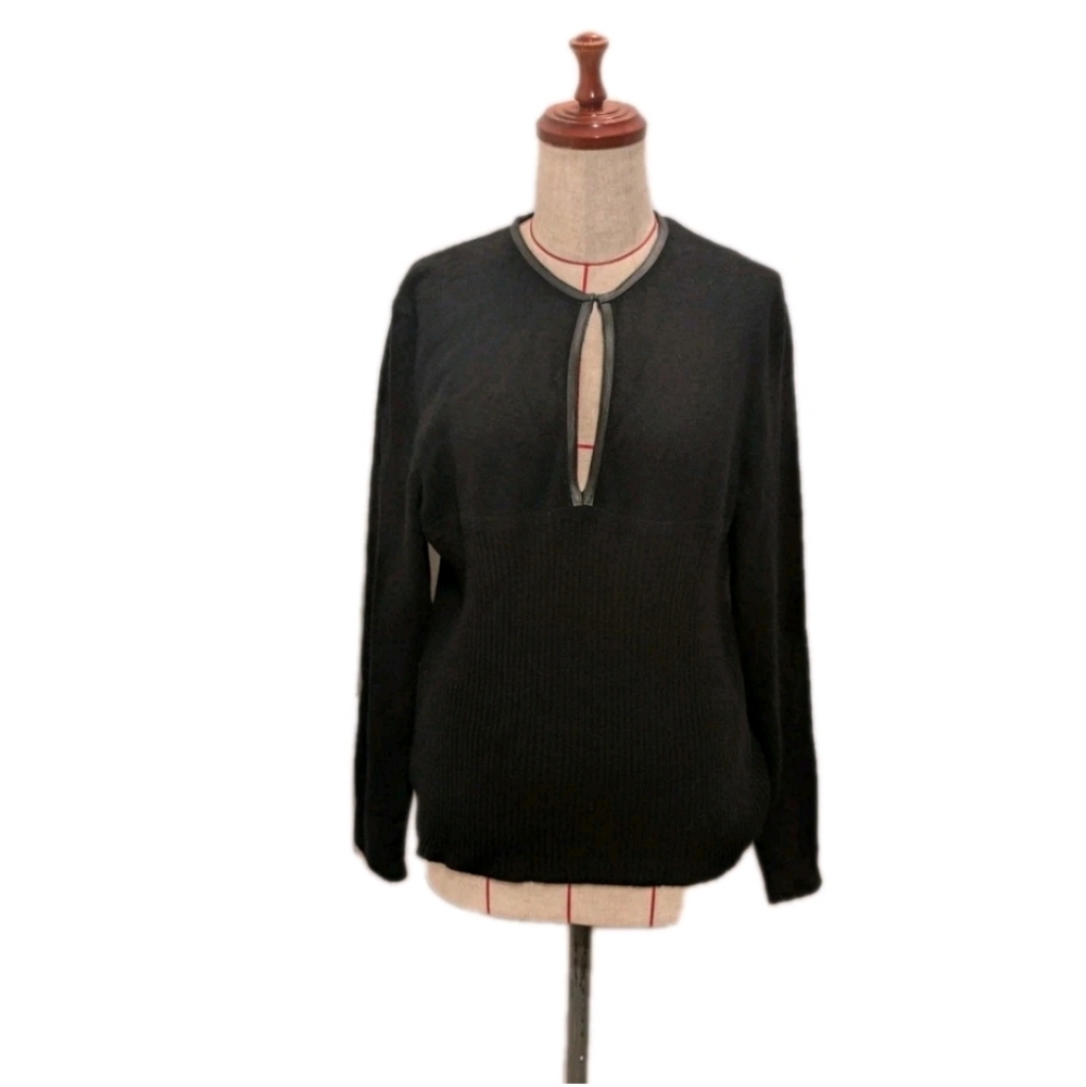 Emma Sofia 100% Cashmere Sweater Women's X- Large Black Ribbed Faux Leather Trim